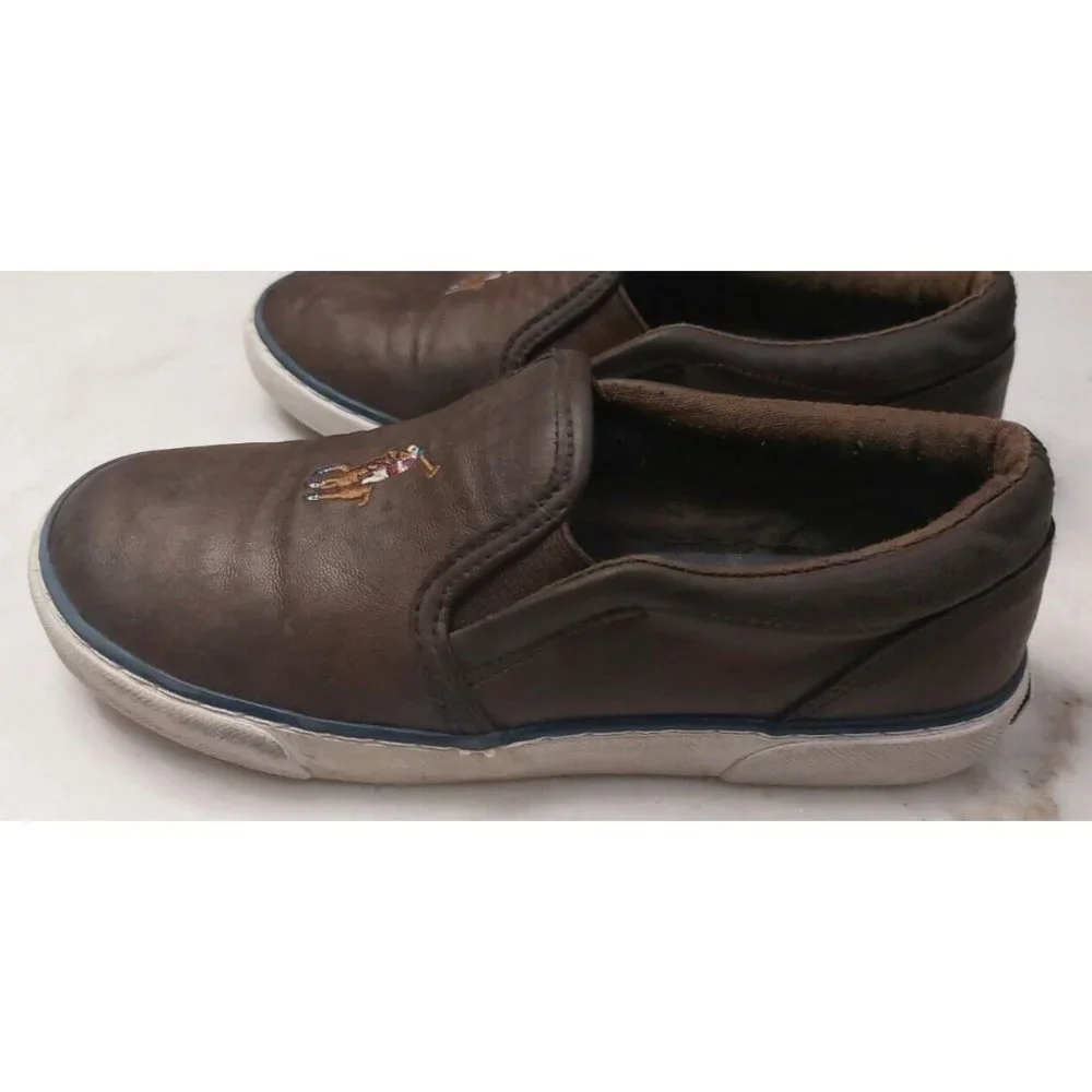 Kids Youth Boys Polo Ralph Lauren Slip On Shoes Sneakers Brown Leather‎ Pony 1
